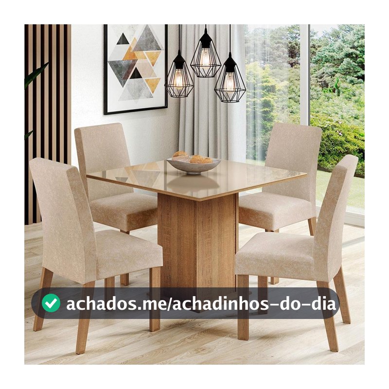 Conjunto Sala de Jantar Mesa Tampo de Vidro com 4 Cadeiras Rustic/Crema/Imperial Madesa Evelin