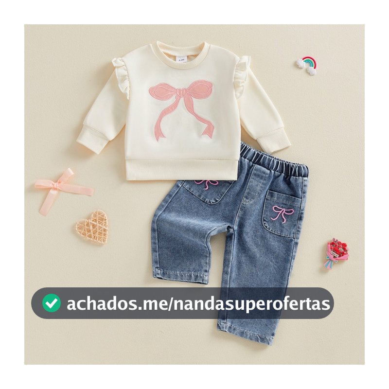 [helali] Conjunto De 2 Peças Para Bebês Meninas Com Laço Bordado De Manga Comprida E Calça Jeans