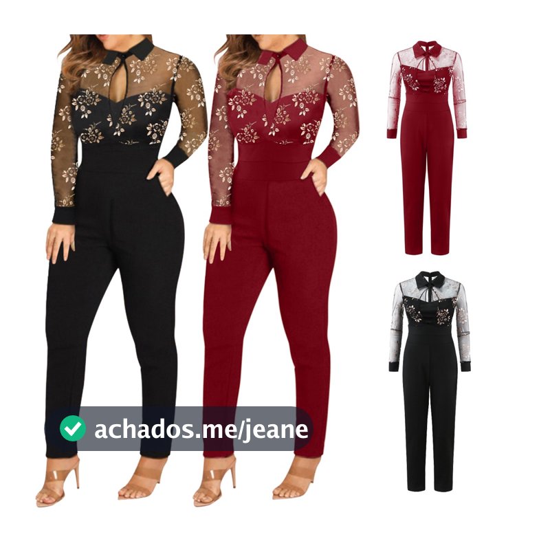 Macacão Macaquinho Longo Feminina Manga Longa Glitter Malha Patchwork Preto Slim Elegante Casual Festa