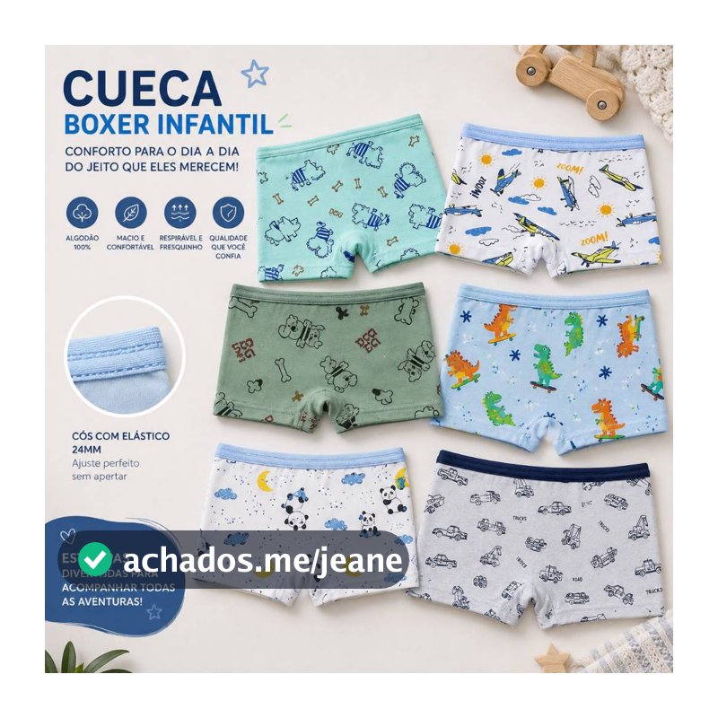 Kit 2, 6 ou 12 Cuecas Boxer Infantil Juvenil Menino Criança Boy Bebê 2 a 10 Anos 90% Poliéster 10% Elastano Confortável