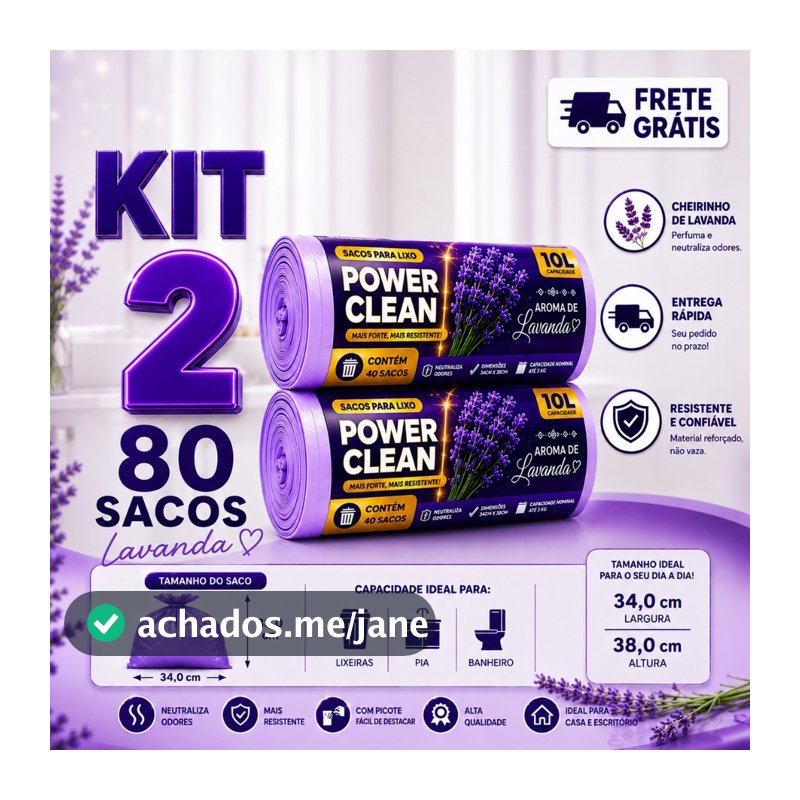 Kit 2 Saco de Lixo Lavanda 10L Perfumado 80 Sacos 34x38cm Anti Odor Para Pia Banheiro Resistente Power Clean