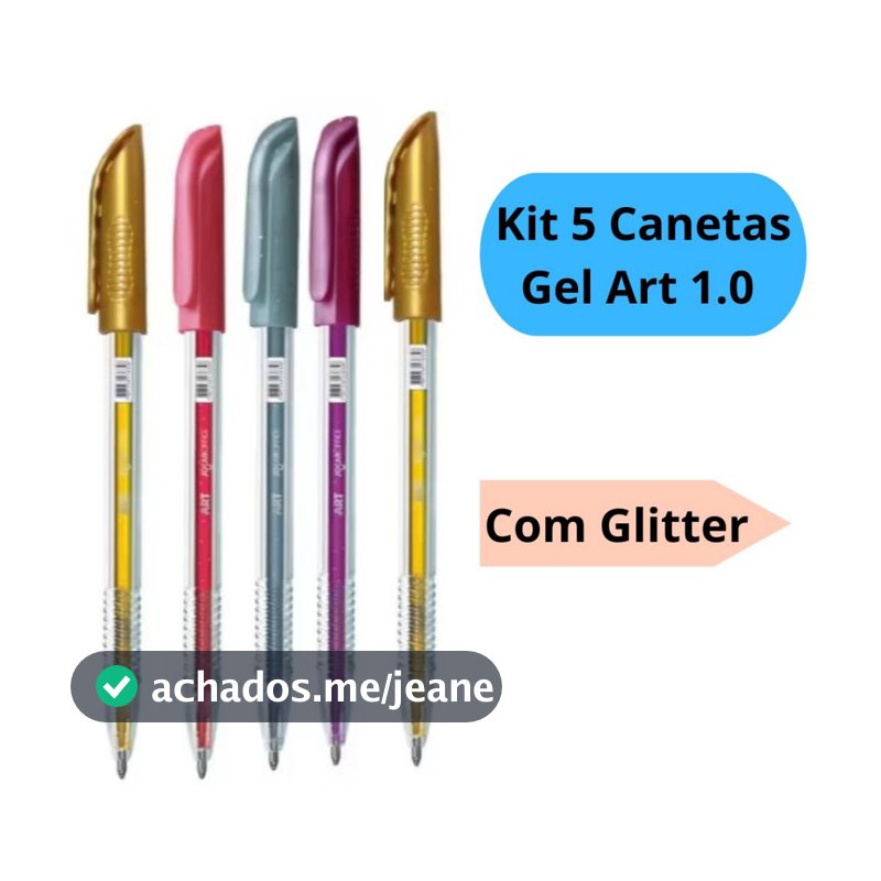 Caneta Gel Art 1.0 Glitter Kit com 5 Unidades Cores Variadas e Vibrantes Escolar Infantil Jocar Office