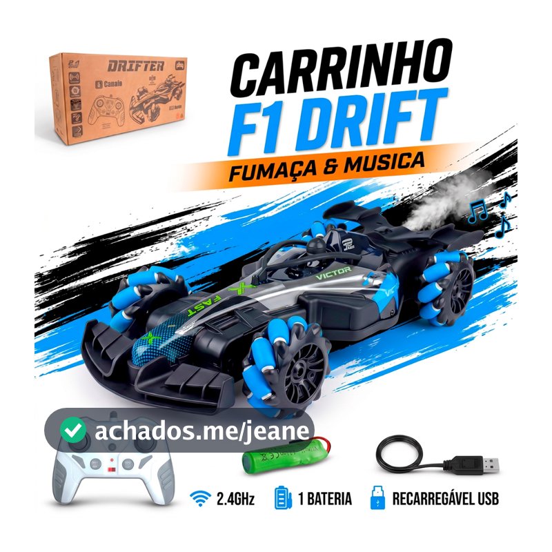 Carrinho Controle Remoto Drift Formula 1 Bateria Recarregável Solta Fumaça Som Brinquedo Infantil
