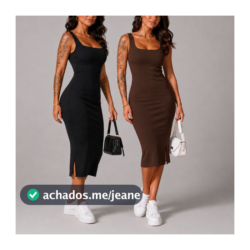 Vestido Feminino Midi Regata Decote Quadrado Canelado/Ribana com Fenda e alça larga Modinha Elegante Casual Festa