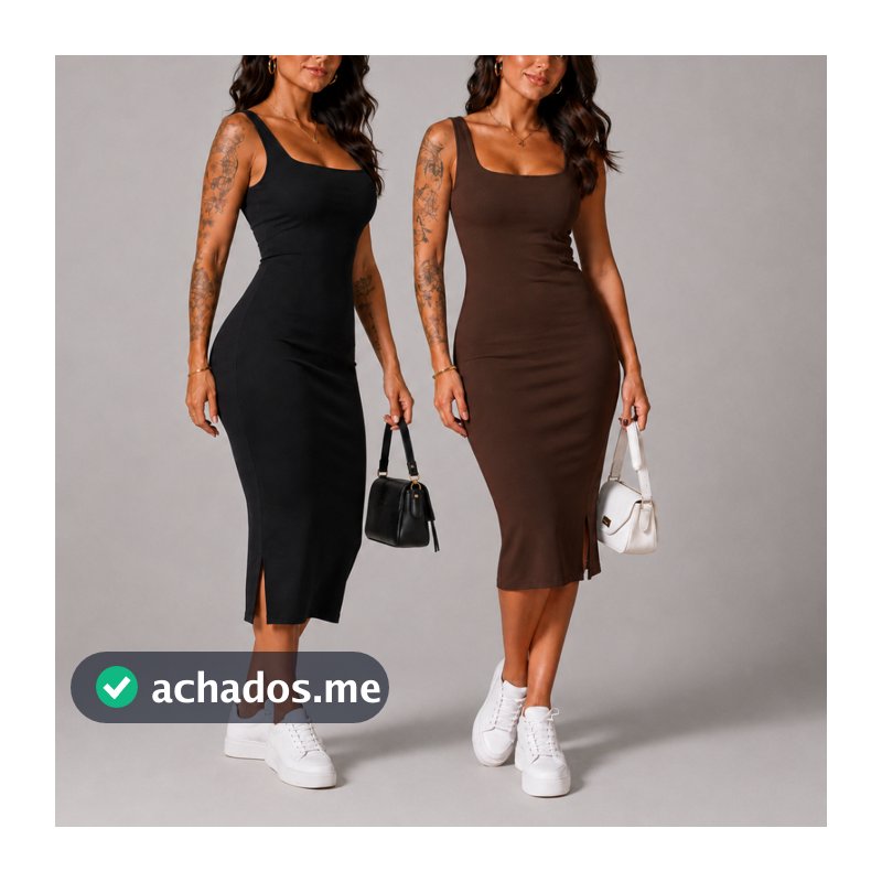 Vestido Feminino Midi Regata Decote Quadrado Canelado/Ribana com Fenda e alça larga Modinha Elegante Casual Festa