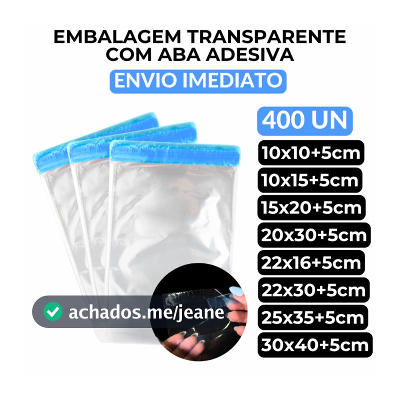 400un Saquinho Transparente Adesivado Embalagem Plástica C/ Aba Resistente 20x30/25x35/30x40