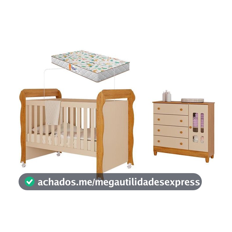 Berço Americano Mirelle e Cômoda Infantil Ariel com Porta Off White Bétula com Colchão Gazin– Carolina Baby