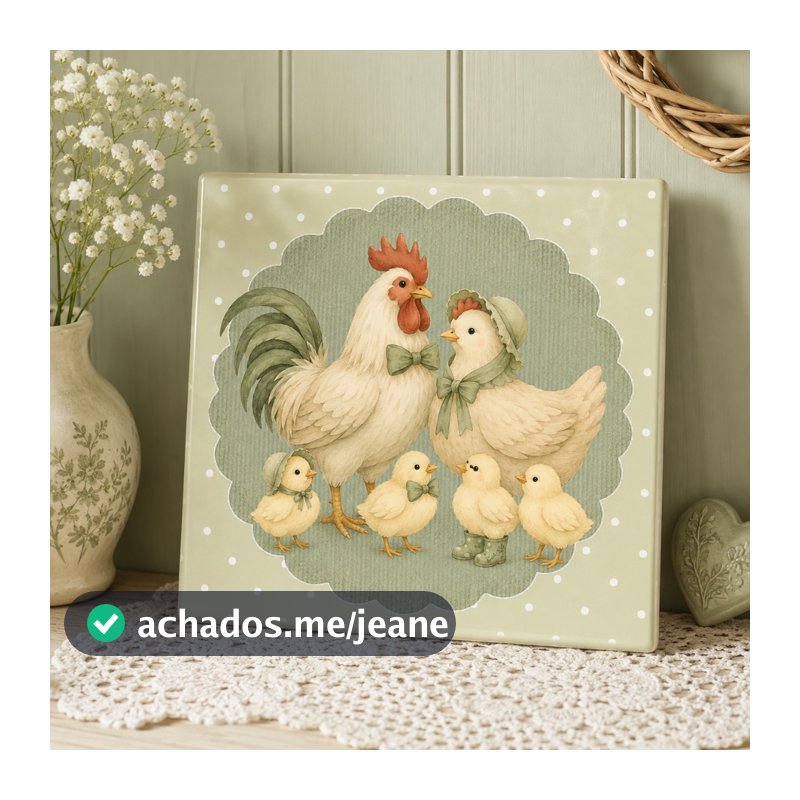 Galo Galinha e Pintinhos vintage - Azulejo Decorativo - 15x15 Cm