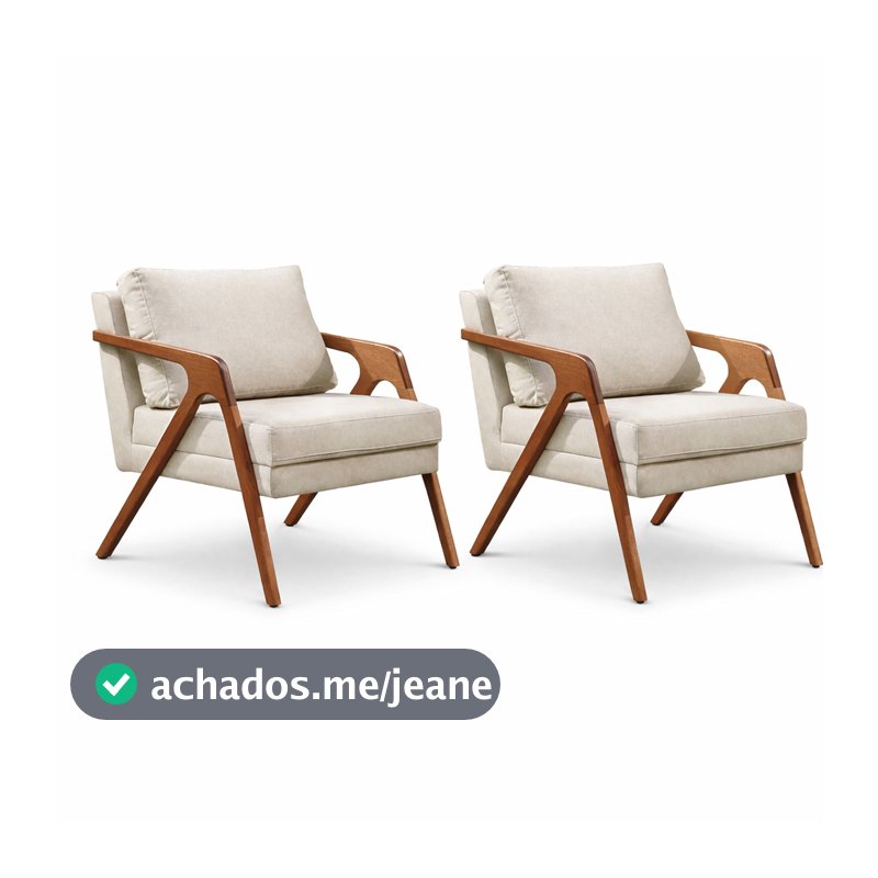 Kit Conjunto 2 Poltronas Decorativa Mona Luxo Madeira Maciça Linho Recepção Escritório Sala De Estar ENVIO IMEDIATO