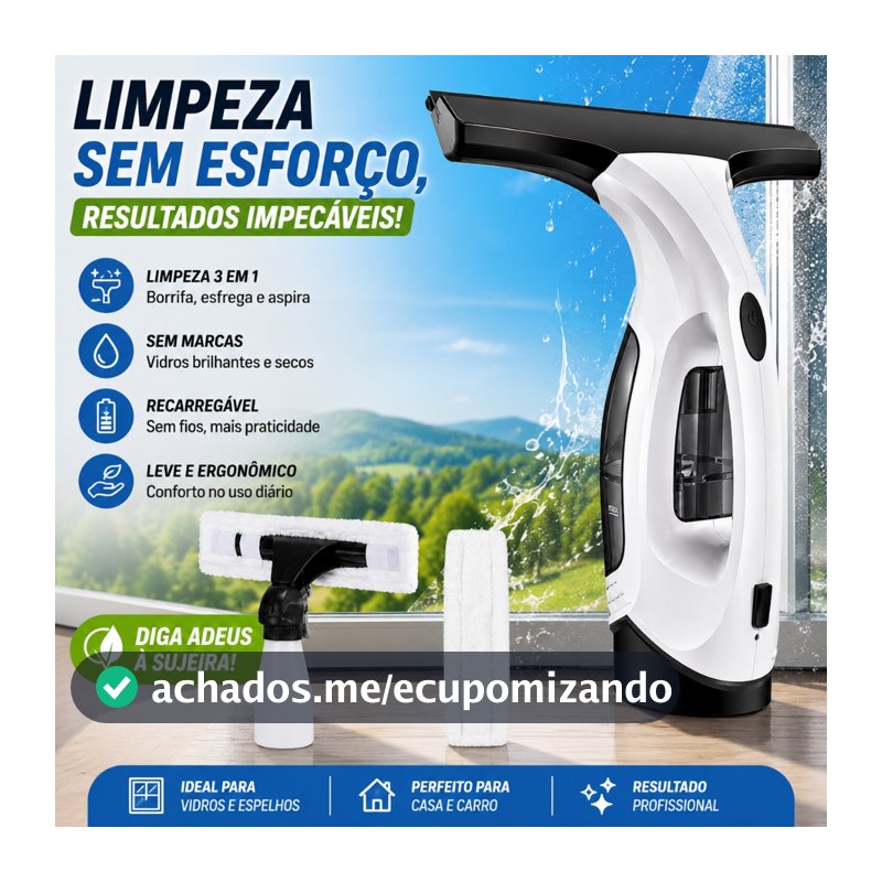 Rodo Limpador De Vidro Elétrico Recarregável USB Com Tanque de Água Aspirador Portátil