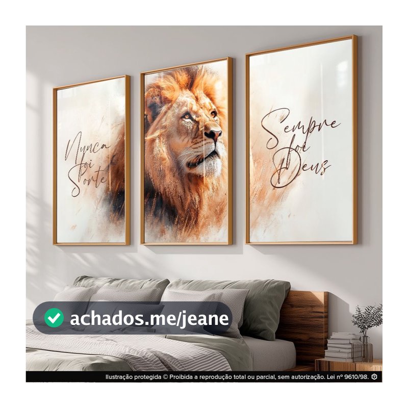 Quadro Decorativo Leão Motivacional Nunca Foi Sorte Sempre Foi Deus Fé Força e Inspiração 122x60
