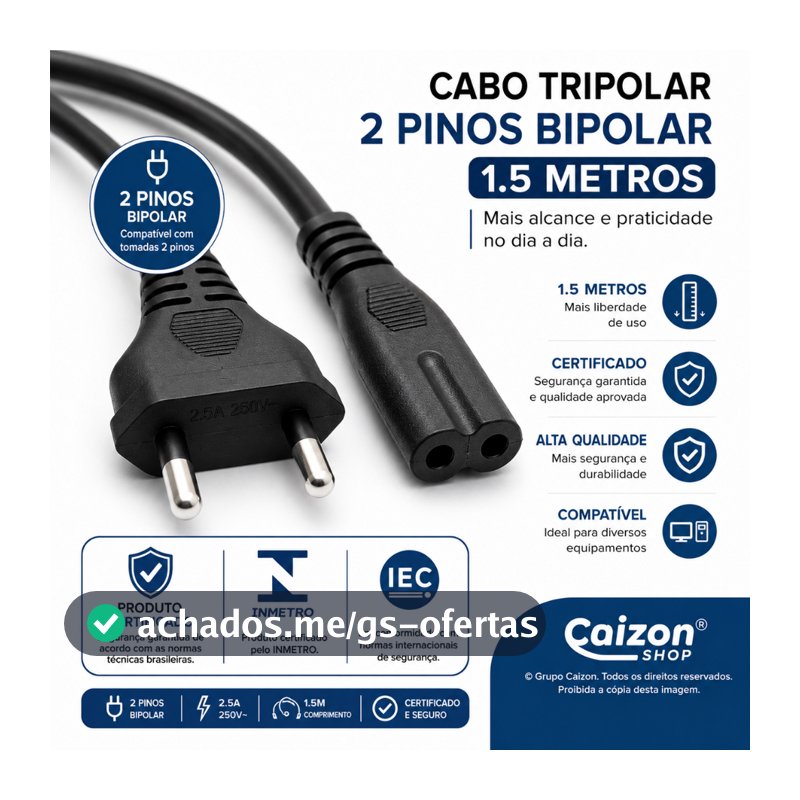 Cabo de Energia 2 Pinos Bipolar 1,5m P/ Ps3 Ps4 Ps5 TV Monitor Notebook Impressora Universal