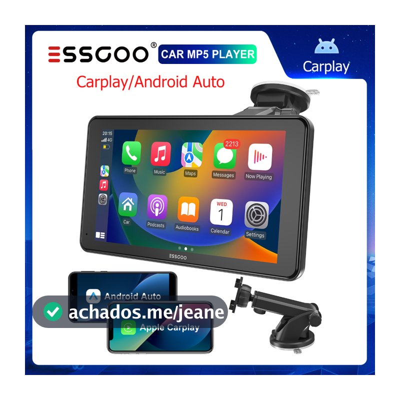ESSGOO Reprodutor Multimídia Carplay Sem Fio FHD 7 Polegadas De Carro Portátil Android Auto Bluetooth IPS 2.5D Tela De T