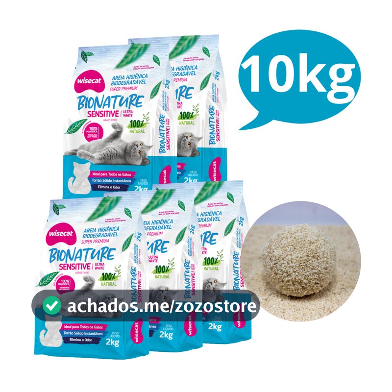 Kit 5 Areia Sanitária Higiênica pra Gatos Natural Vegetal Mandioca Sensitive Grãos Finos Wisecat 2KG