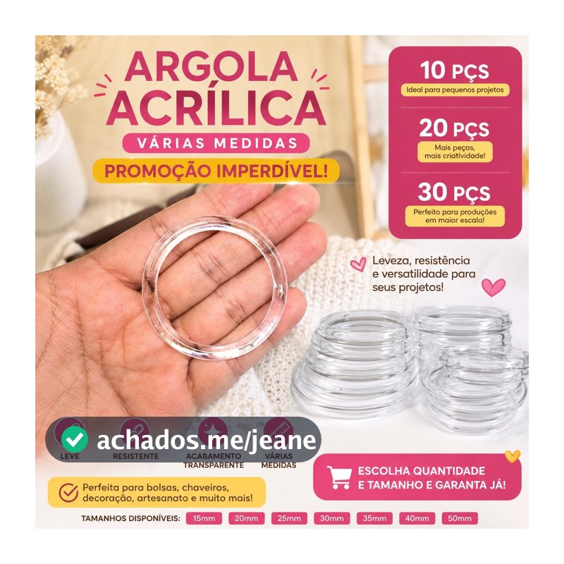 Kit 10 20 30 Argolas Acrílicas Transparentes Várias Medidas Para Chaveiro Artesanato Amigurumi Porta Guardanapo