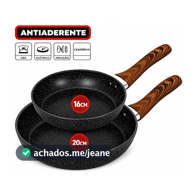 2/1 Frigideiras 16 e 20cm Granito, Indução Antiaderente de Alumínio Revestimento Cerâmico Premium Cabo Madeira
