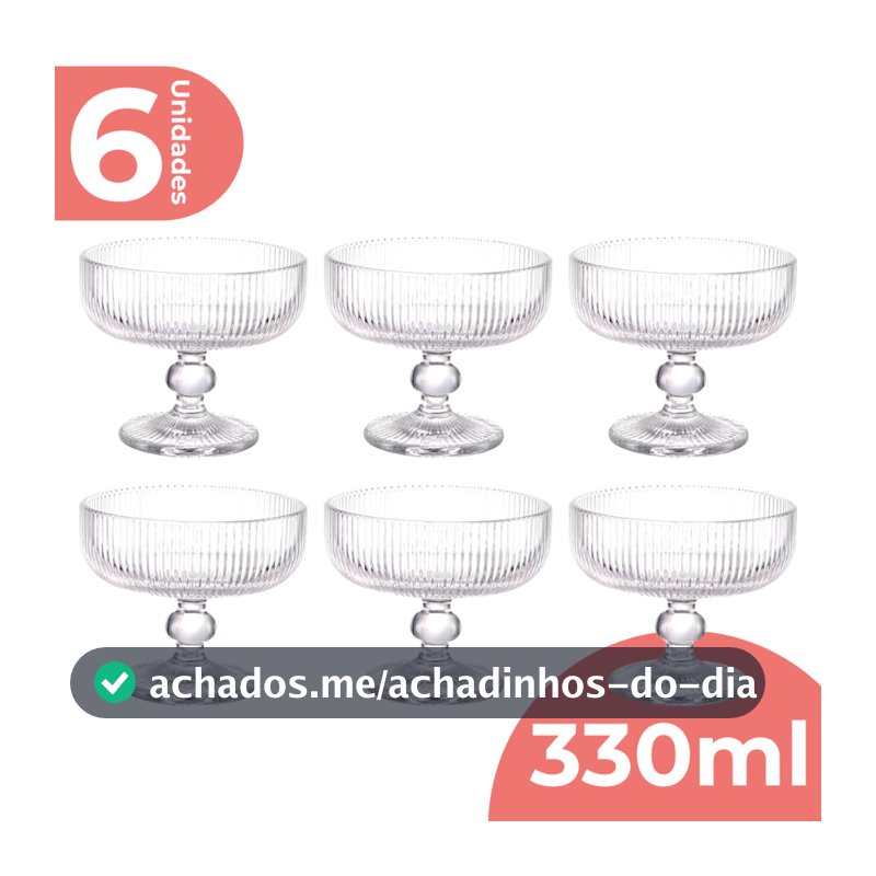 Jogo 6 Taça Sobremesa Vidro Sorvete Açai 330ml Canelado Luxo