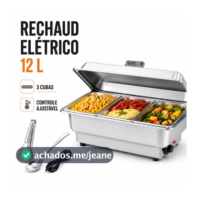 Rechaud Elétrico Inox 12 Litros Profissional Banho Maria 110V com 3 Cubas para Buffet e Restaurantes