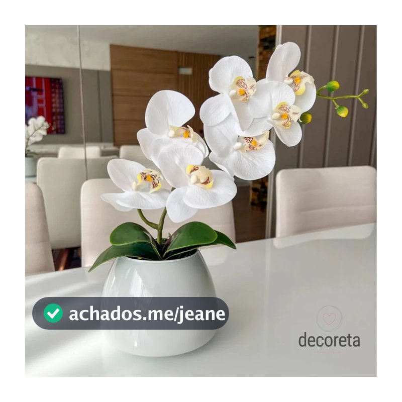 Arranjo de Orquídea Branca Artificial em Vaso de Vidro Branco