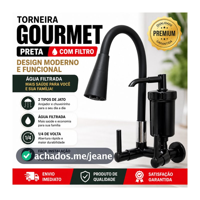 Torneira Gourmet Preta Com Filtro Parede 2 Jatos Flexível 1/4 Volta Cozinha ABS