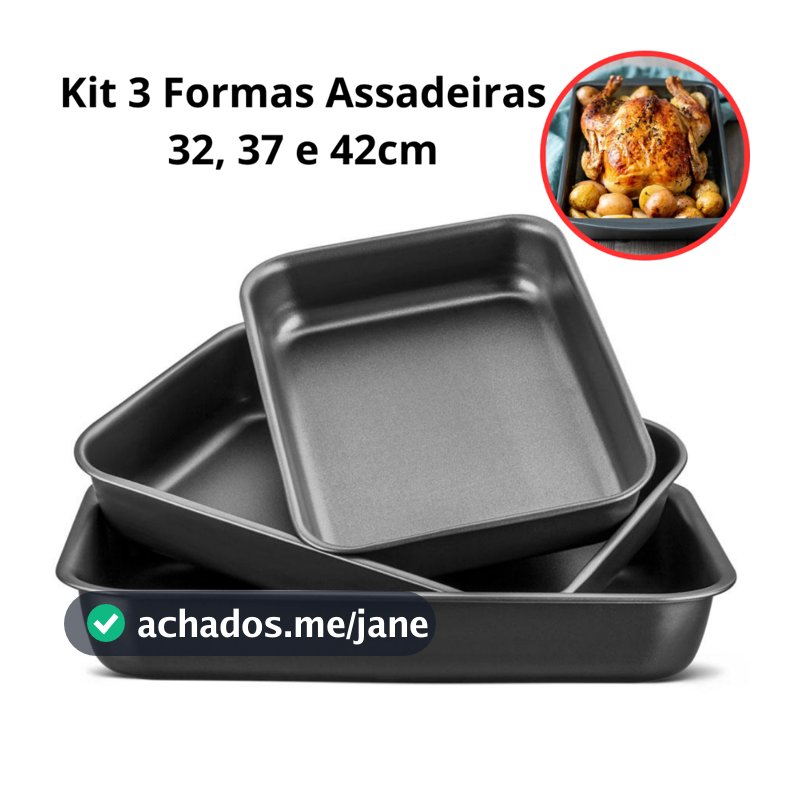3 Formas Assadeiras 32 37 e 42cm Retangular Antiaderente Grande Aço Carbono Bolo Lasanha Assados