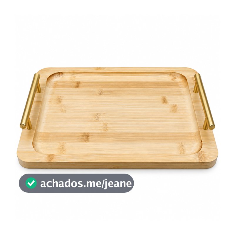 Bandeja De Bambu Premium Com Alça Dourada Multiuso 33x24x2cm Luxo