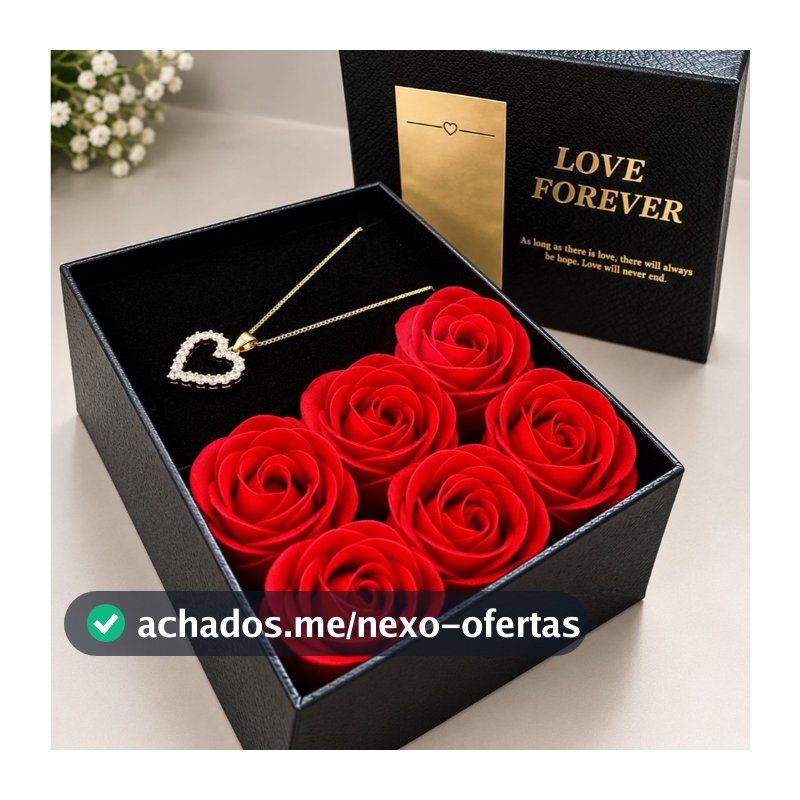 Caixa Presente Romântica 6 Rosas Vermelhas Love Forever com Colar Coração JOIA COLAR ROSAS PRESENTE LUXO