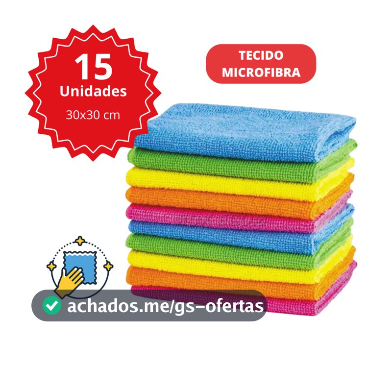 Kit 15 Pano Microfibra Limpeza 30x30cm Super Absorvente Multiuso
