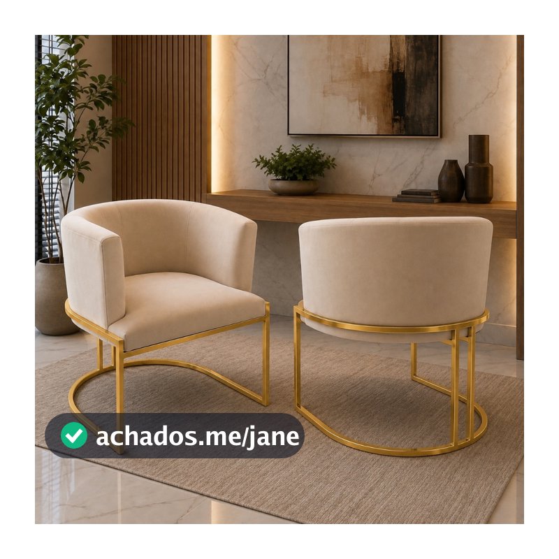Kit 2 Poltronas De Base Cadeira Ferro Dourada  Estrutura Meia Lua Tecido Veludo Para Salão Consultório Luxousa Luxo