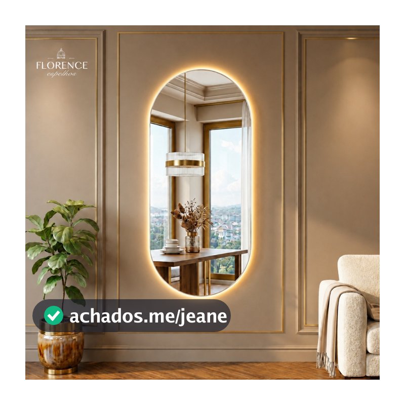 Espelho Oval 120x50 Luxo Com Led / Moldura Couro Premium Grande