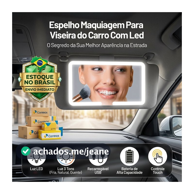 Espelho Com Led Para Carro Maquiagem Recarregavel Luz 3 Tons Para Quebra Sol Retrovisor Automotivo Acessorios Feminino