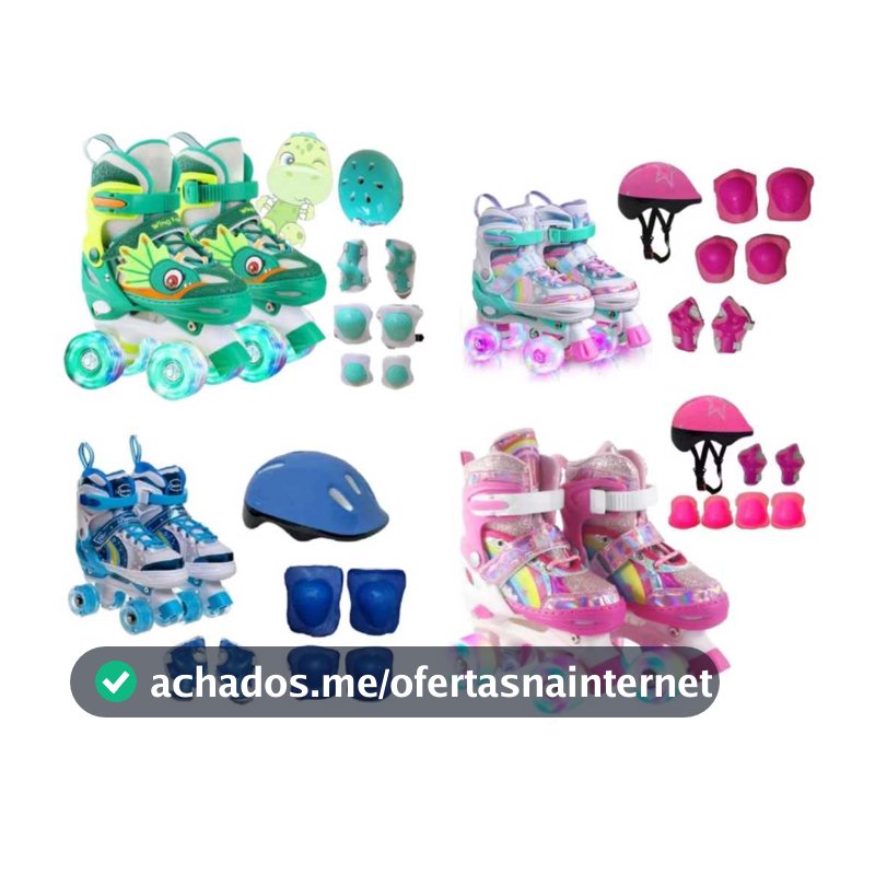 Patins Infantil Arco Íris Quad Com Ajuste De Tamanho Rodas Com Led Mais Kit Proteção Segurança