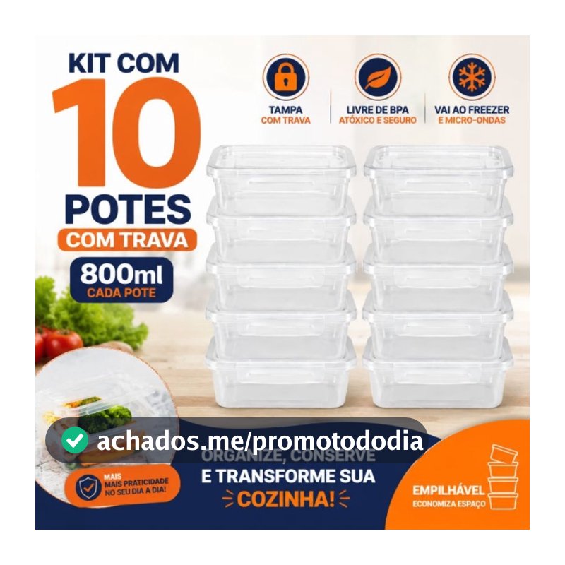 Kit 10 Potes com Trava Hermética Tampa para Mantimentos Organizador Cozinha BPA Free