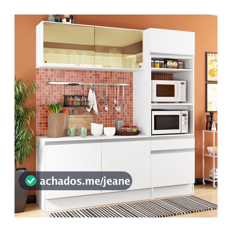 Cozinha Compacta Madesa Diamante Pop com Armário, Balcão e Tampo Branco