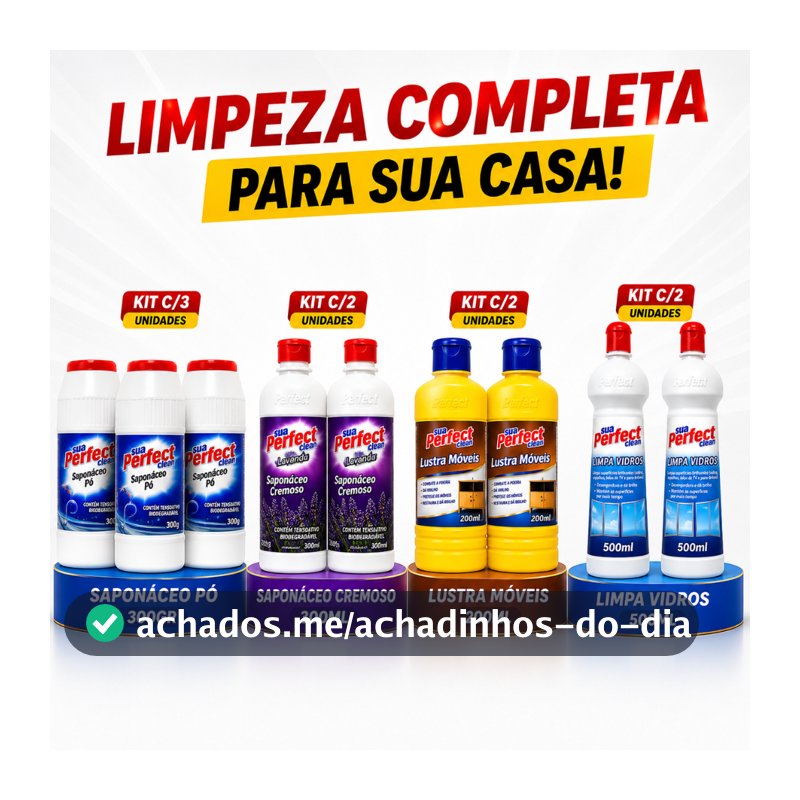Kit Limpeza Completa Perfect Clean Saponáceo Pó Cremoso Limpa Vidros Lustra Móveis