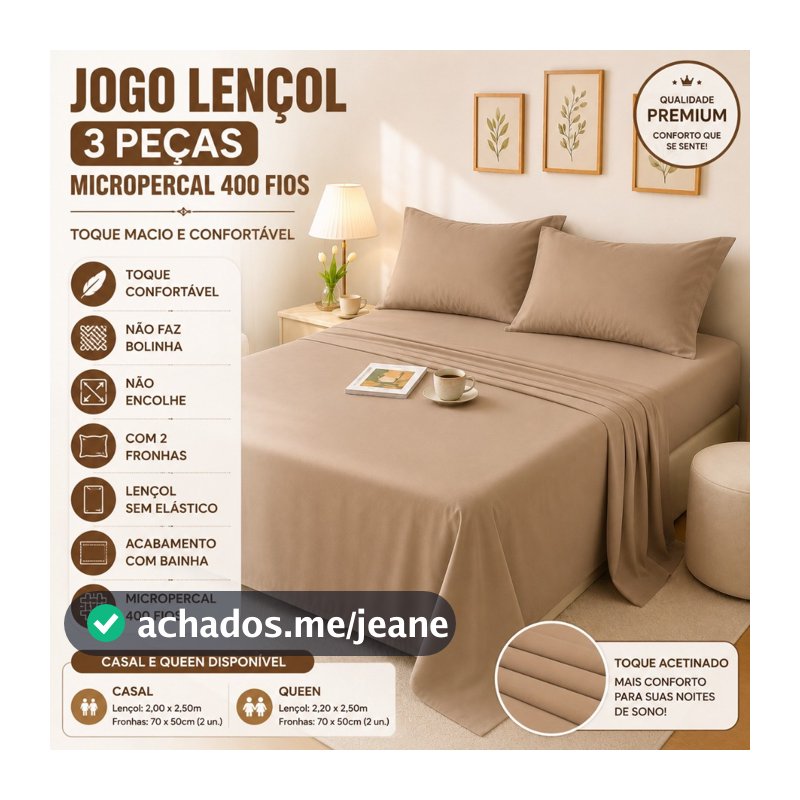 Jogo De Lençol Superior 3PCs Sem Elástico Micropercal 400 Fios Com Bainha Casal Queen Com Fronhas