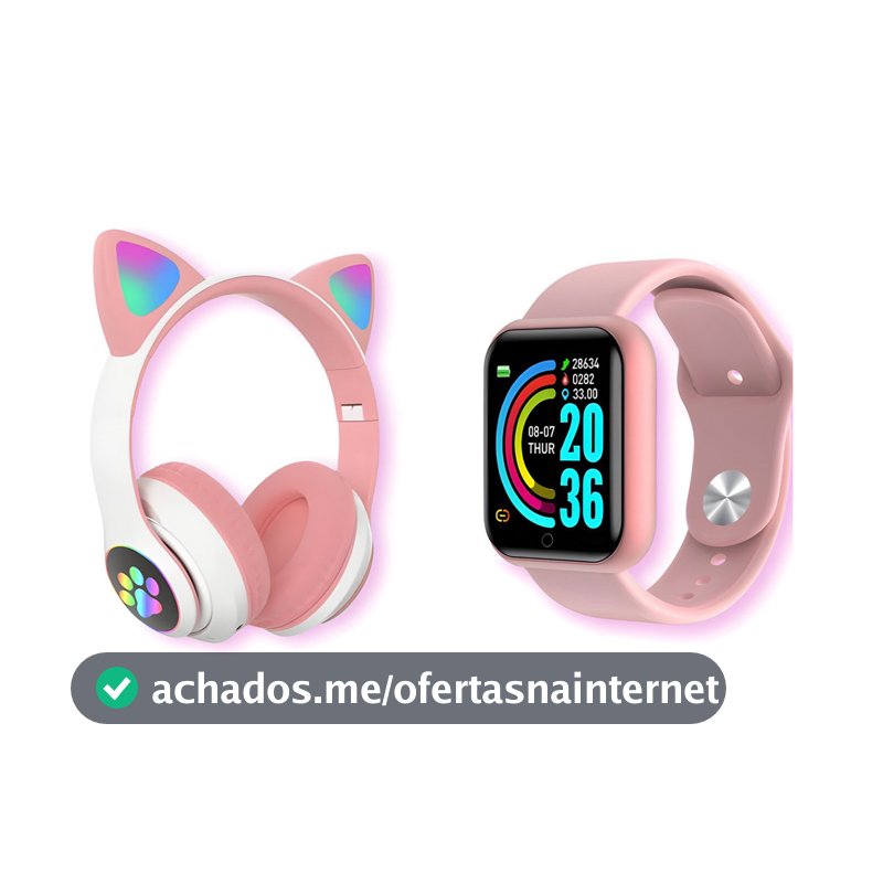 Fone De Ouvido Gatinho Led Bluetooth + Relógio Smartwatch Unissex