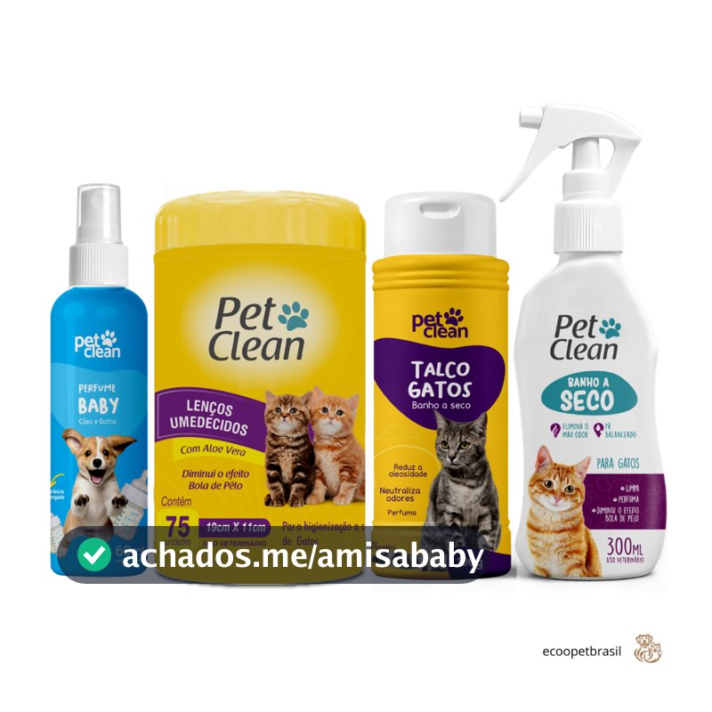 Kit Banho a Seco para Gatos 300ml + Lenço Umedecido 75 unidades + Talco 100g Gatos + Perfume 60ml