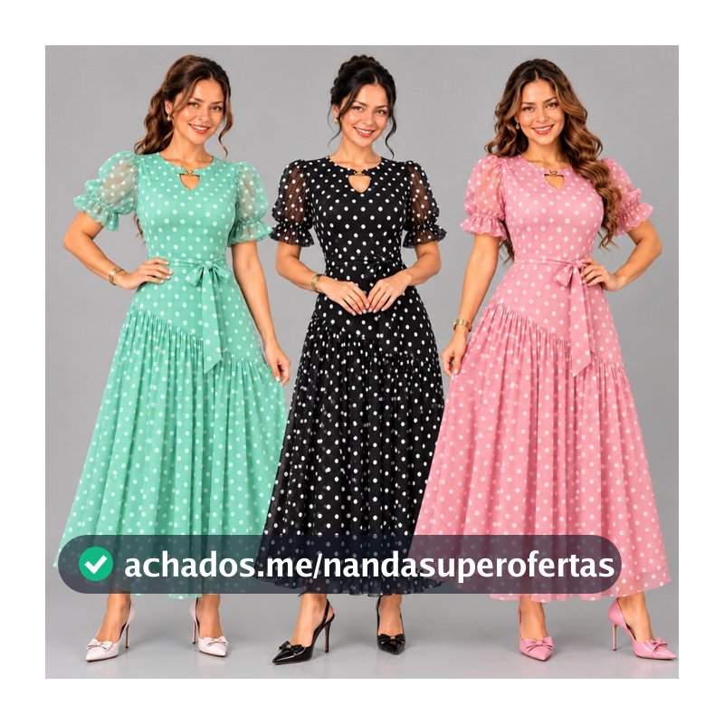 Vestido Longo de Tule Poá com Manga Bufante e Cinto – Elegante e Delicado