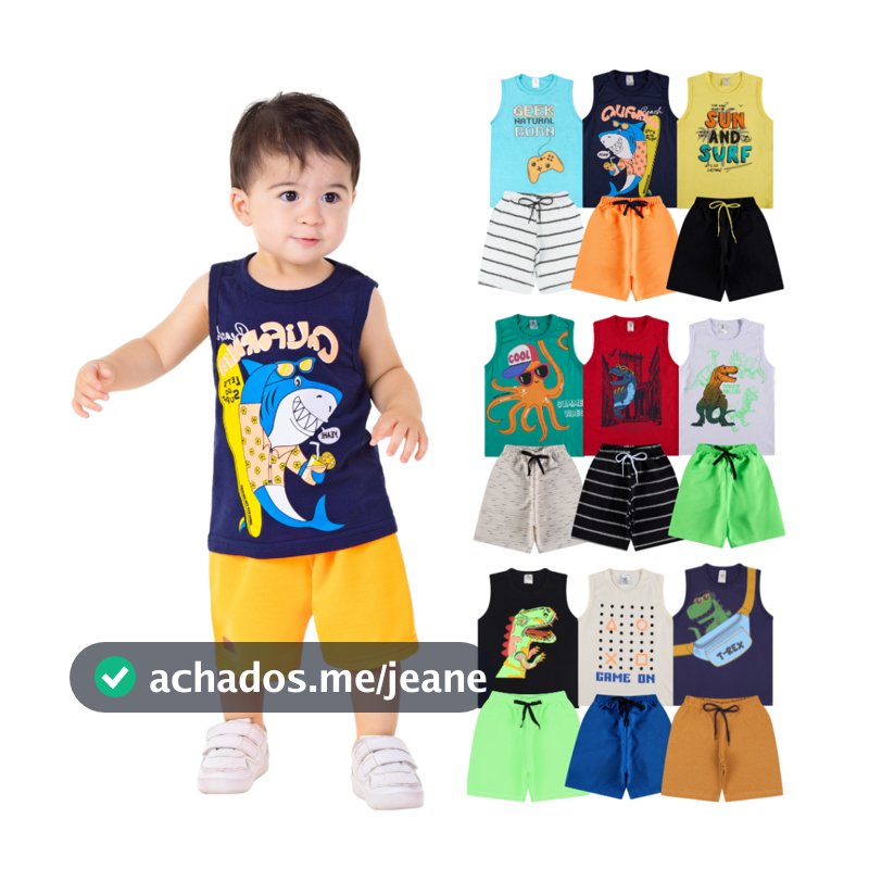Kit 8 Peças de Roupas Infantil Bebê Menino - 4 Regatas + 4 Bermudas Tamanho 1 ao 10