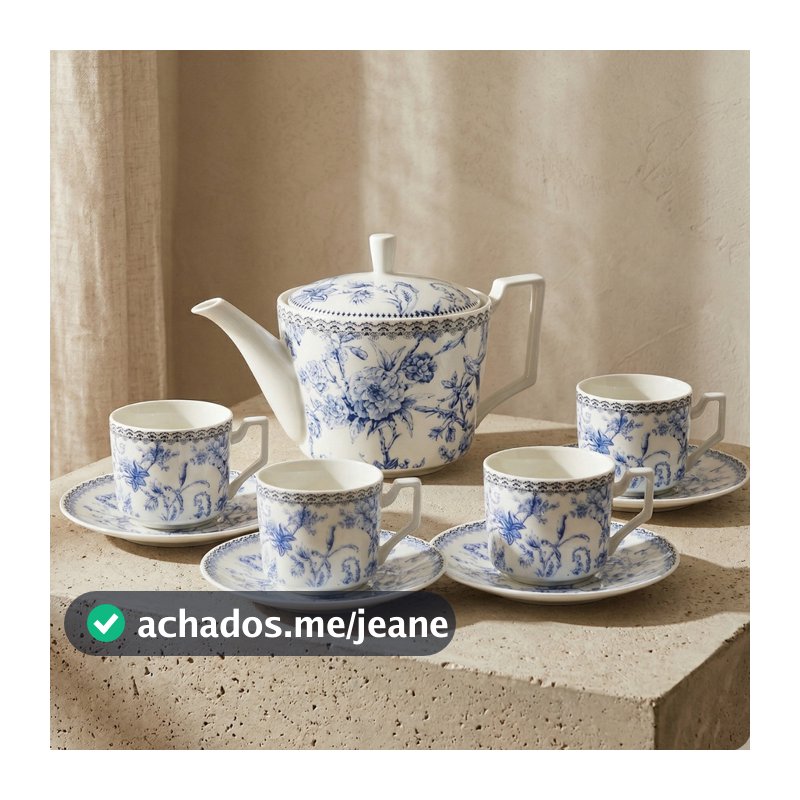 Jogo de Chá 5 Peças Porcelana New Bone Azul Hortênsia Bule 750ml e 4 Xícaras 220ml Luxo Elegante
