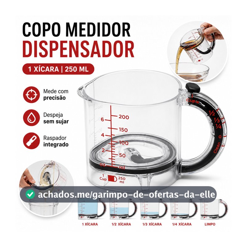 Copo Medidor Ajustável 4 em 1 de Acrílico Graduado Dosador Receita para Cozinha Copo de Medição C/ Raspador e Base 250ML