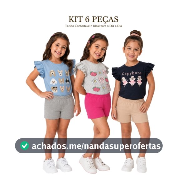 Kit 6 Peças 3 Conjuntos Roupa Infantil Menina Verão Camiseta Estampada Manga Curta Shorts Feminino