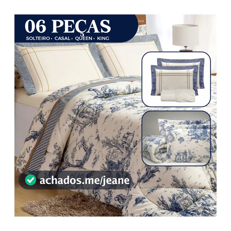 Edredom Solteiro/Casal/Queen/King Macio 06 Peças Dupla Face + Jogo de Lençol Premium Estampa Porcelana