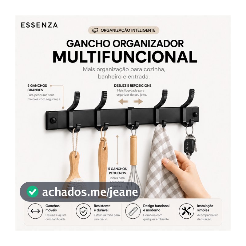 Cabideiro Gancho de Parede ESSENZA Organizador Sem Furo Suporte Adesivo Banheiro Quarto Porta Toalha Roupa