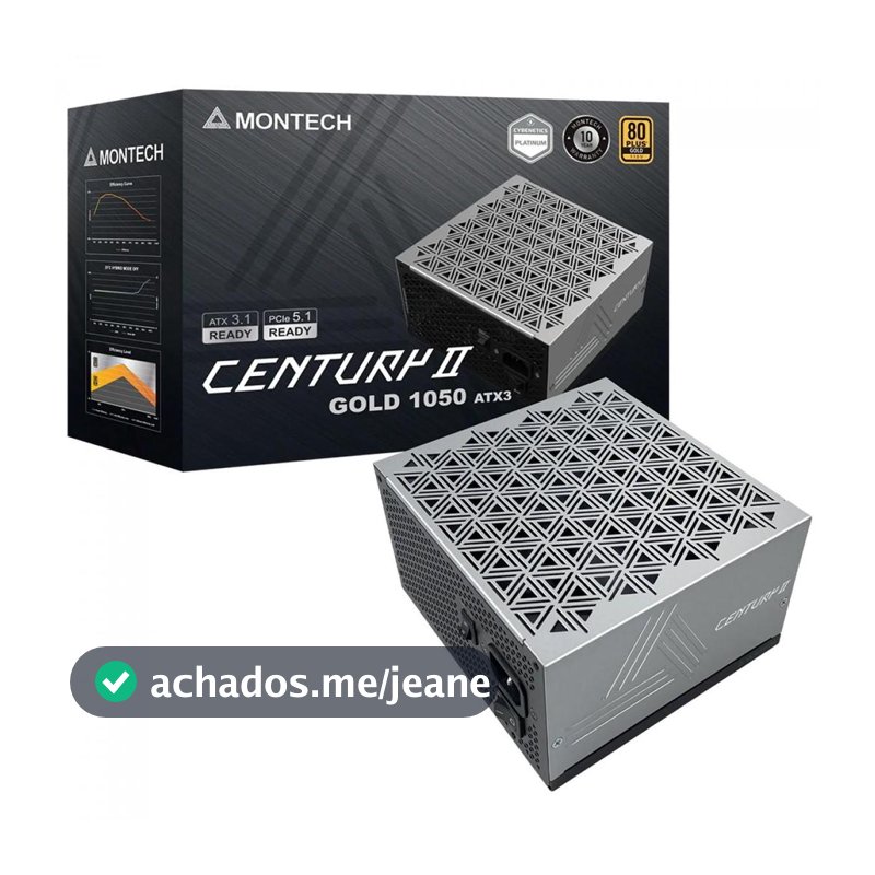Fonte Montech Century II 1050W, 80 Plus Gold, Cybenetics Platinum, PCIe 5.1, PFC Ativo, Full Modular, Cinza