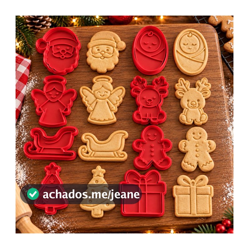 Kit 8 Cortadores de Biscoito Natalino – Papai Noel, Anjo, Rena, Árvore e Presente COM PUXADOR