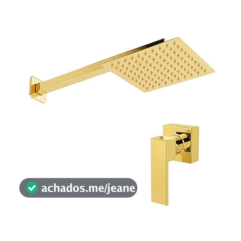 Chuveiro Ducha Água Fria 20x20 Aço Inox Dourado Brilhante + Acabamento De Registro Padrão Deca