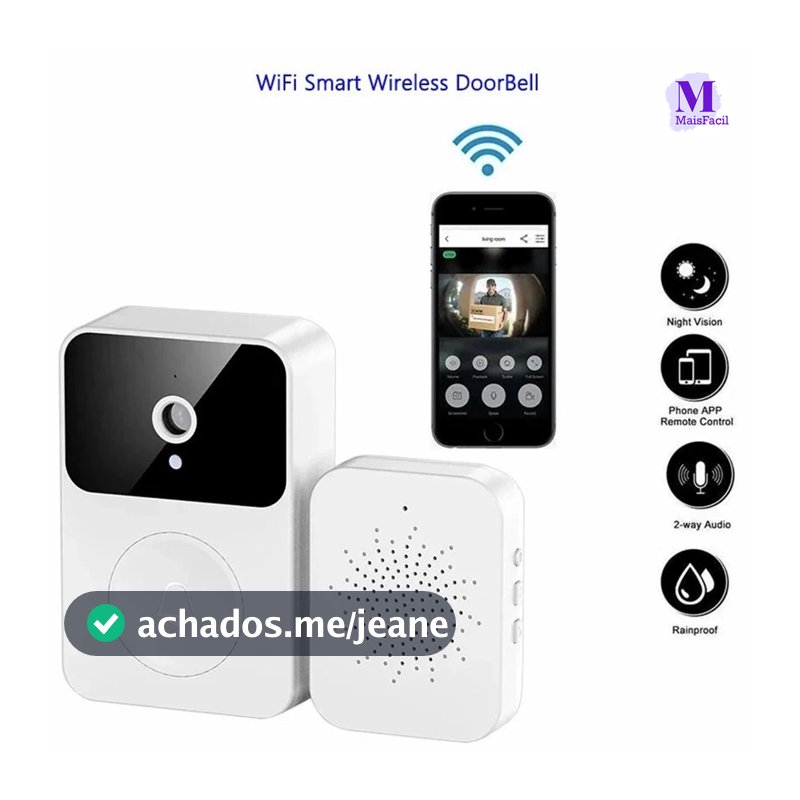 Campainha Wi-Fi Recarregável com Monitoramento HD 24h e Acessórios Completos (Cabo de Dados Incluso) para Sua Segurança