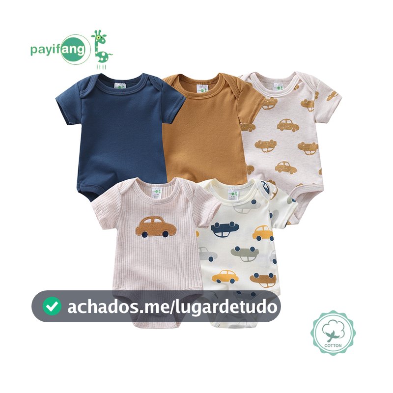 Kit 5 Pecas Body Bebe Manga Curta Algodao Suedine Meninos e meninas Verao 60% algodão, 40% poliéster-Padrão de carro